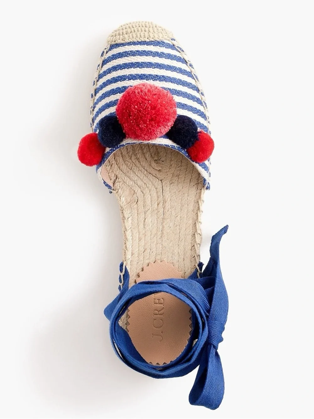 J. CREW Blue White Striped Canvas w/ Pink Pom Pom Ankle Wrap Espadrilles Flats